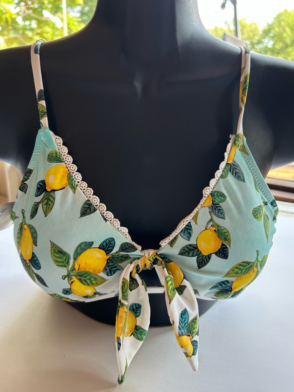 NWT Nanette Lepore Yellow Lemon Print Bikini Top on Light Blue - Picture 8 of 9